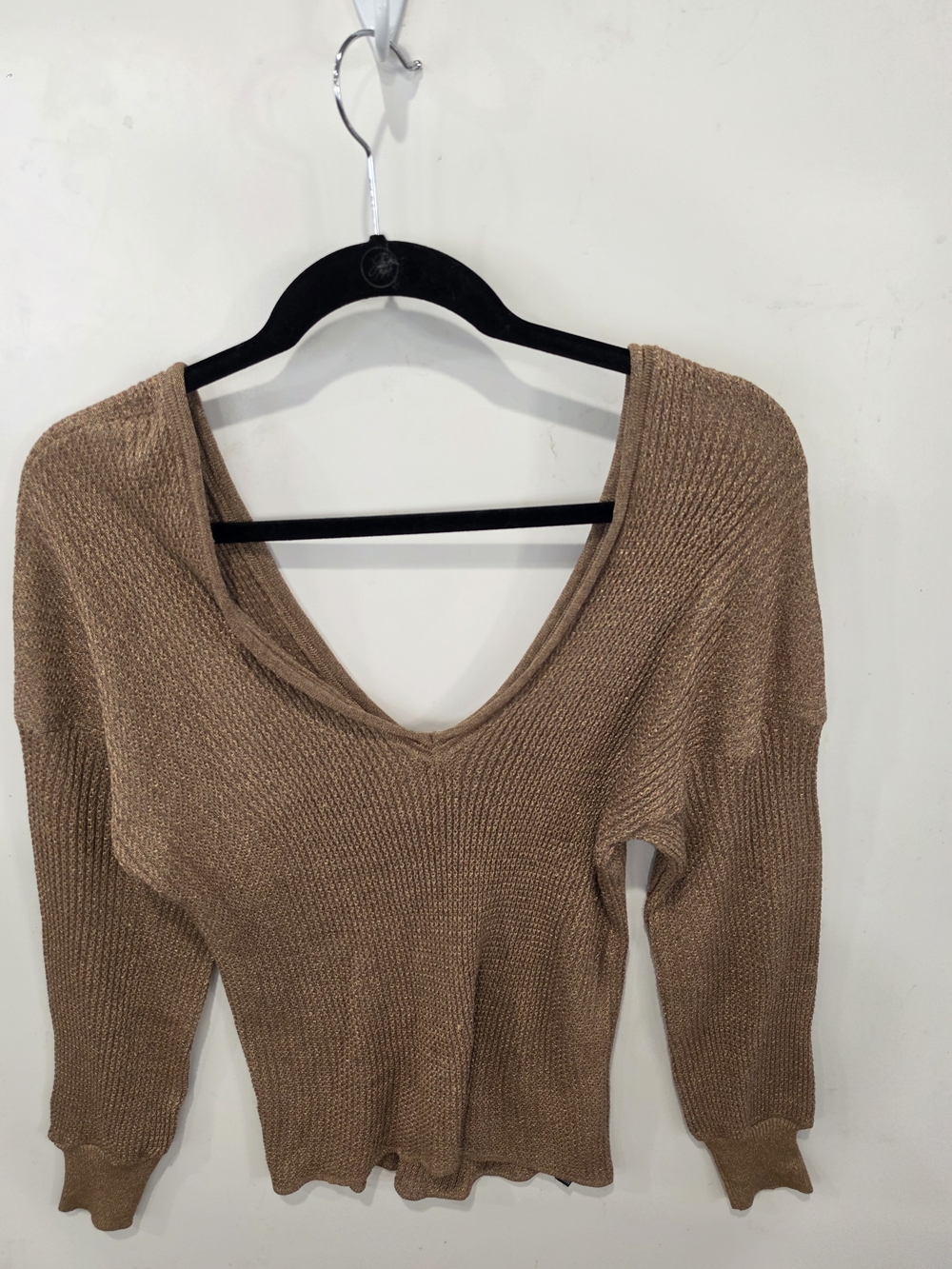 NewZara Italian Yarn Oversized V-Neck Knit Sweater Brown Metallic Sz M Boho Chic